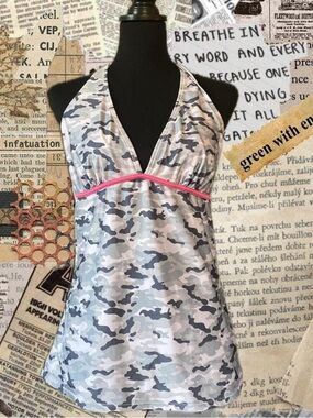Bobbie Brooks Gray Camo Halter Swim Suit Shirt With Pink Accent